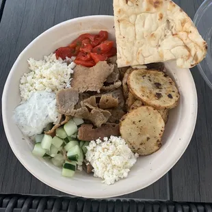 Build your own pita bowl- lamb gyro with lemon potatoes
