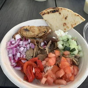 Pita bowl with gyro meat and potatoes