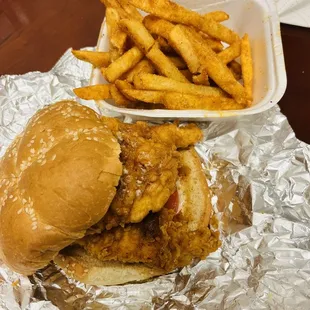 Sweet and spicy chicken sandwich and seasoned fries