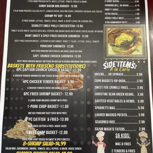 sandwiches/burgers with fries, baskets with fries, salads, sides