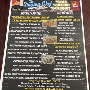 speciality plates, seafood plates, pasta dishes, sides