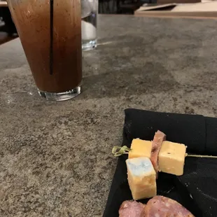 a plate of food and a drink