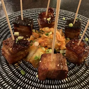 Pork belly skewers
