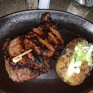 Ribeye and loaded potato no bacon