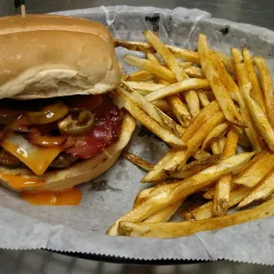 Hell&apos;s Bells Burger &amp; Homecut Fries (cayenne seasoned burger, topped with pepperjack cheese, jalapenos, bacon and our atomic wing sauce)