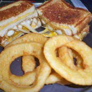 Ultimate Grilled Cheese Sandwich and Onion Rings
