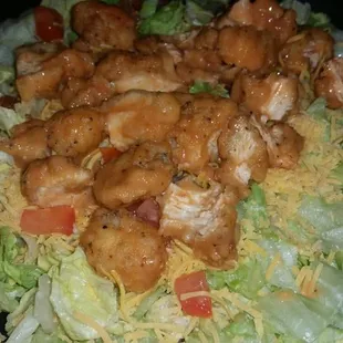Chicken Popper Salad, with Chicken Poppers coated in Atomic Wing Sauce
