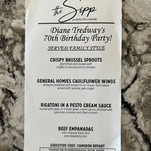 Menu for the surprise party