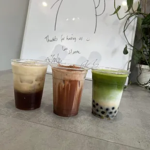 Left to right: wintermelon oolong tea, milo dinosaur, matcha latte with boba