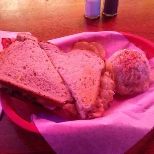 Reuben (pastrami instead of corned beef) sandwich &amp; potato salad $8.25.  Great sandwich &amp; deal.