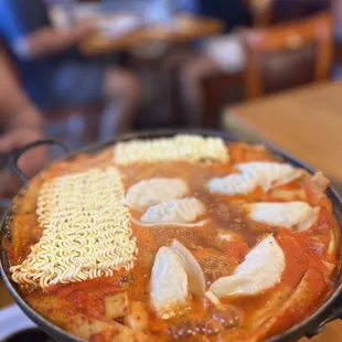 a pan of food on a table