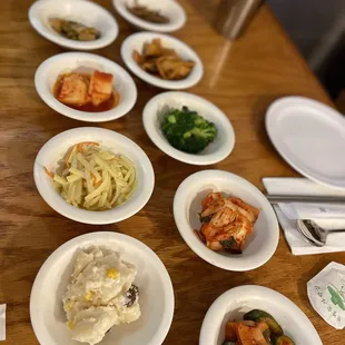 a table with plates of food