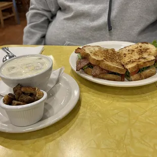 BLT on sourdough and clam chowder