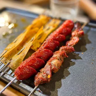 tofu skin, beef sausage, chicken gizzard (百叶皮, 牛肉肠, 鸡胗)