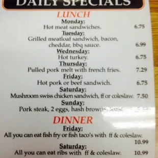 the daily specials on the menu