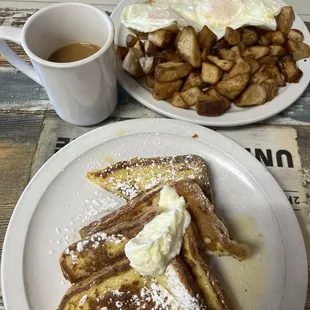 Pancakes, eggs, red rosemary potatoes