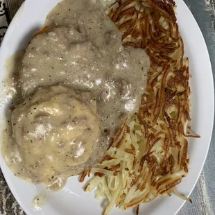 Half order biscuits and gravy with hash browns.