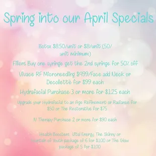 Here are our April Specials!!! Come see us!! We would love to pamper you!