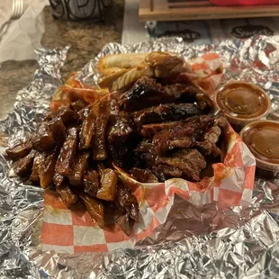 Small rib tips.This is my 5th order of tips and my 2nd review. I have not been disappointed.Plentiful,flavorful and cut small.