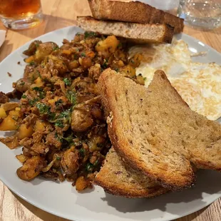 Chorizo Hash, Eggs Over-Easy with Rye Toast (and extra toast)