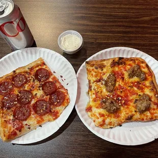 Pepperoni slice and Italian sausage slice with a side of ranch