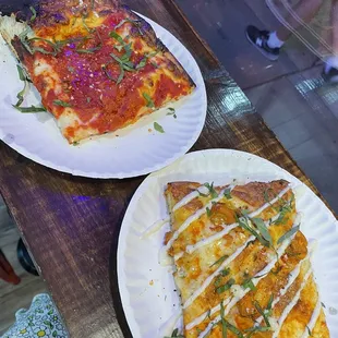 Vodka sauce slice, Buffalo chicken slice.