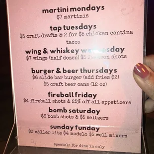 the menu for the slide bar specials