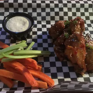 Sticky Thai wings; meat falling off the bone!