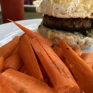 Beef burger (plain) with carrot sticks in place of fries (kids are weird...)
