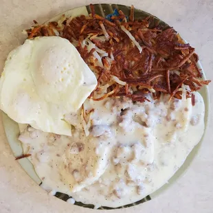 My husband ordered the biscuits and gravy and it comes with eggs and hash browns.