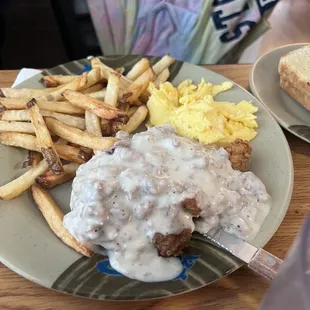 Chicken fried steak and fries