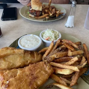 Fish and chips and bacon white cheddar slider.