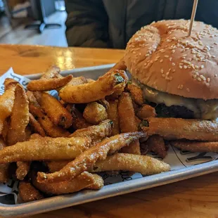 The slip burger with pickle fries