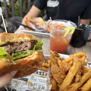 Mushroom burger and pickle fries