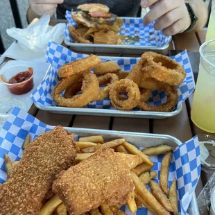 Fish and chips, onion rings, and the slip burger