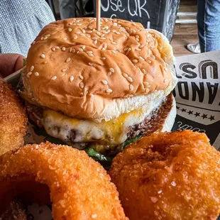 Slip burger and onion rings