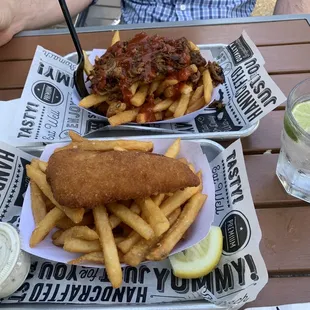 Happy Hour pork fries, fish n chips, and gin &amp; tonic.