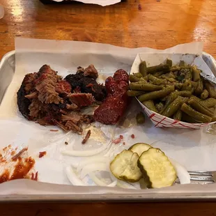 Brisket, sausage and green beans.