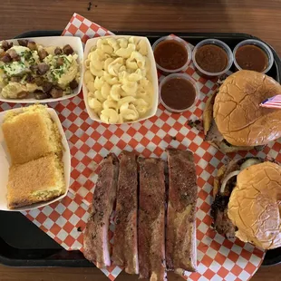 a tray of barbecue food
