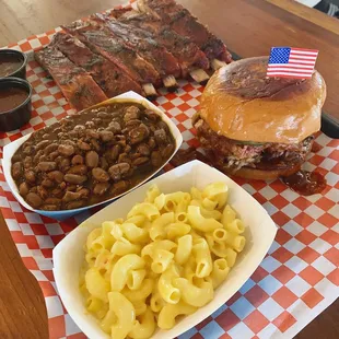 Ribs, Baked Beans, Pulled Pork Sandwich, Mac &amp; Cheese