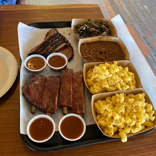 Ribs, Mac n Mac &amp; Cheese, bbq beans Brisket and Collard Greens