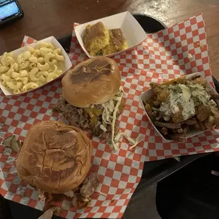 Carolina gold pulled pork and Kansas style pulled chicken sandwich with buffalo blue cheese fries and corn bread