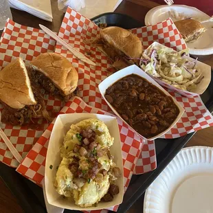 Habanero pulled pork sandwich, Baked Beans, Potato Salad, coleslaw
