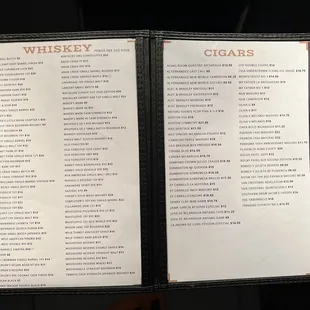 Whiskey and Cigar menu. There are more options in store than what is on this list.