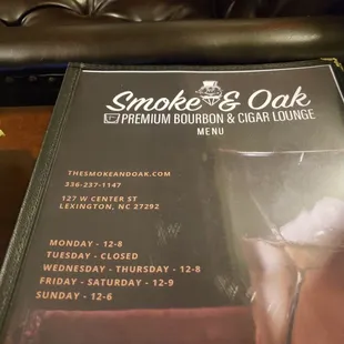 Whiskey and cigar menu