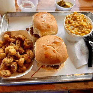 Hopped brisket sliders with fried okra and spicy corn