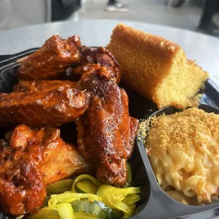 Classic buffalo wings, pimento Mac and cheese, cornbread