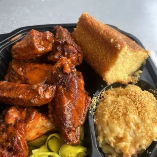 Classic buffalo wings, pimento Mac and cheese, cornbread