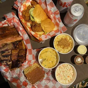 Brisket, Ribs, Pork Belly Burnt End, The Cornbread, Mac &amp; Cheese, Sweet &amp; Spicy Coleslaw, Two Potato Salad, Nashville Hot Chicken Sliders