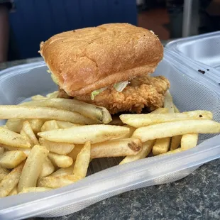 Fried chicken sandwich. The fries are seasoned to perfection and the chicken sandwich is huge and juicy.